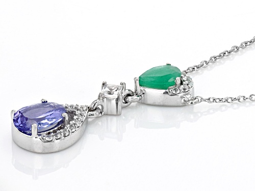 0.85ct Tanzanite with 0.32ctw Sakota Emerald and 0.40ctw White Zircon Rhodium Over Silver Necklace - Size 18