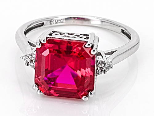 5.27ctw Asscher Cut Lab Created Ruby with 0.06ctw White Zircon Rhodium Over Sterling Silver Ring - Size 6