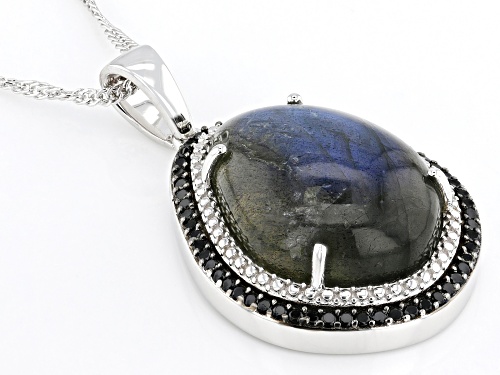 20x15mm Gray Labradorite With Black Spinel Rhodium Over Sterling Silver Pendant With Chain