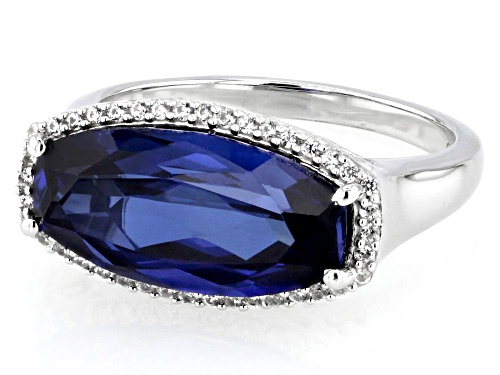 5.30ct Lab Created Sapphire with 0.21ctw White Zircon Rhodium Over Sterling Silver Ring - Size 6