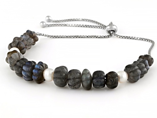 6-8mm Gray Labradorite with Cultured Freshwater Pearl Rhodium Over Sterling Silver Bolo Bracelet