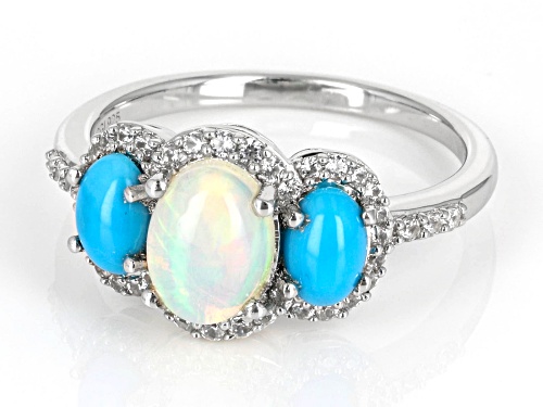 Ethiopian Opal with Sleeping Beauty Turquoise & 0.34ctw White Zircon Rhodium Over Silver Ring - Size 7