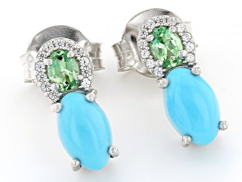 Sleeping Beauty Turquoise with 0.40ctw Tsavorite and Zircon Rhodium Over Sterling Silver Earrings