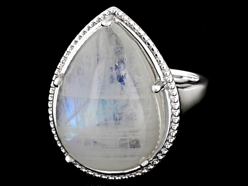 20x14mm Pear Shaped Rainbow Moonstone Rhodium Over Sterling Silver Ring - Size 6