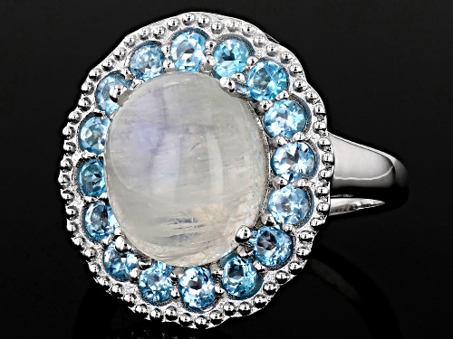 12x10mm Rainbow Moonstone with 1.22ctw Swiss Blue Topaz Rhodium Over Sterling Silver Ring - Size 8