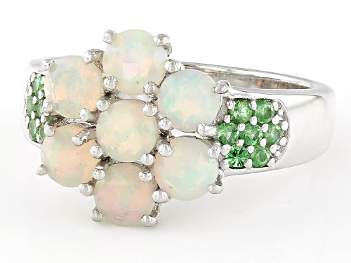 0.95ctw Round Ethiopian Opal With 0.35ctw Round Tsavorite Rhodium Over Sterling Silver Ring - Size 6