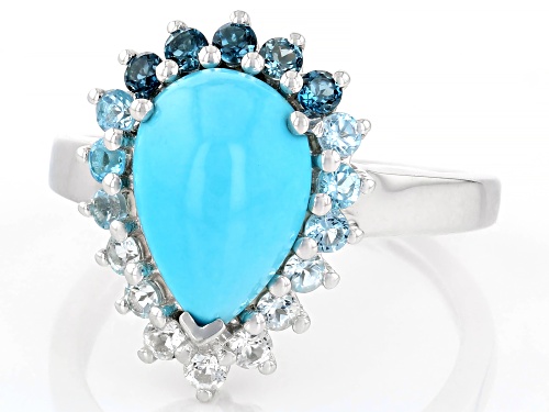 12x8mm Sleeping Beauty Turquoise With 0.80ctw Blue & White Topaz Rhodium Over Sterling Silver Ring - Size 10
