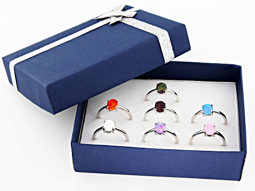 8x6mm Lab Created Multi Color Opal Rhodium Over Sterling Silver Set of 7 Rings with Box - Size 8