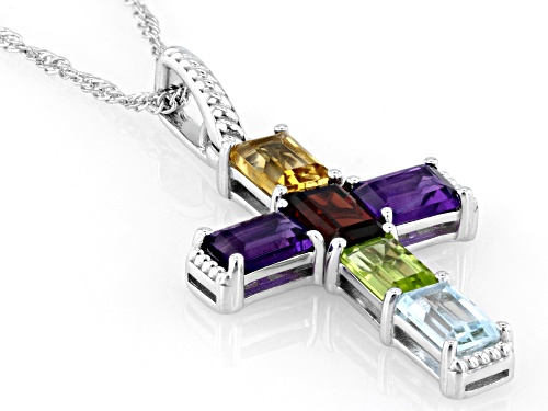 3.20ctw Multi-Gemstone Rhodium Over Sterling Silver Cross Pendant with Chain