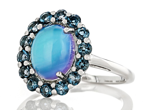 10x8mm Aurora Moonstone With 0.88ctw London Blue Topaz Rhodium Over Sterling Silver Ring - Size 7