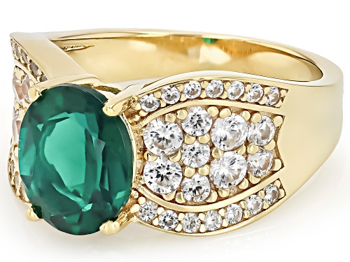 Lab Created Emerald Oval 10x8mm and White Zircon 18K Yellow Gold Over Sterling Silver Ring 2.42ctw - Size 9