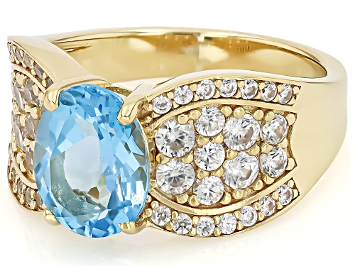 Swiss Blue Topaz Oval 10x8mm and White Zircon 18K Yellow Gold Over Sterling Silver Ring 4.29Ctw - Size 9