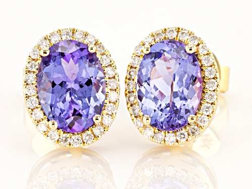 1.90ctw Oval Blue Tanzanite With 0.16ctw Round White Diamond 14k Yellow Gold Stud Earrings