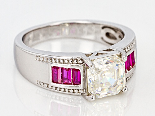 2.30ct Asscher Fabulite(TM) Strontium Titanate and .27ctw Lab Created Ruby Rhodium Over Silver Ring - Size 8