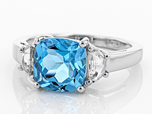 3.75ct Square Cushion Swiss Blue Topaz & .75ctw Crescent White Topaz Rhodium Over Silver Ring - Size 12