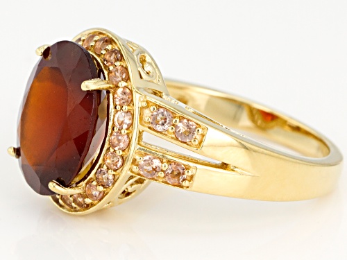 4.37CT OVAL HESSONITE WITH .50CTW ROUND ANDALUSITE 18K YELLOW GOLD OVER STERLING SILVER RING - Size 8