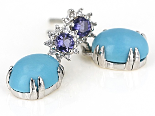 9x7mm Oval sleeping beauty turquoise, .08ctw Iolite & .01ctw zircon silver dangle earrings