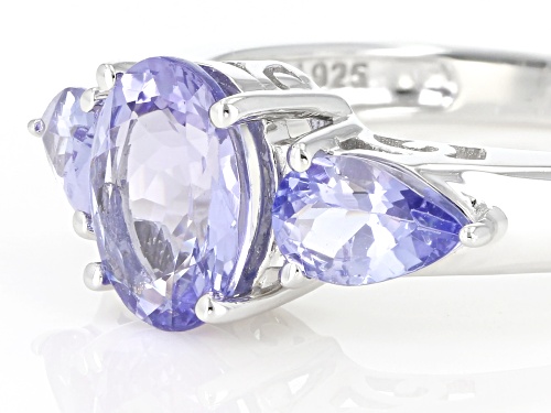 1.74ctw Oval & Pear Shape Tanzanite Rhodium Over Sterling Silver 3-Stone Ring - Size 9