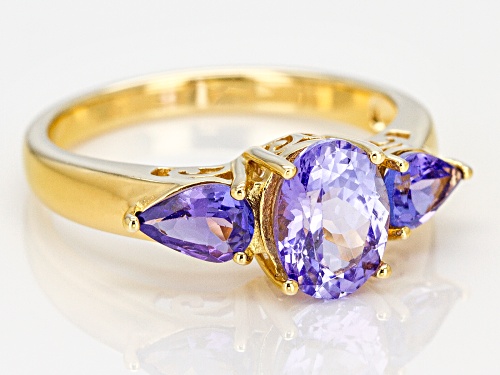 1.74ctw Oval & Pear Shape Tanzanite 18k Gold Over Sterling Silver 3-Stone Ring - Size 7