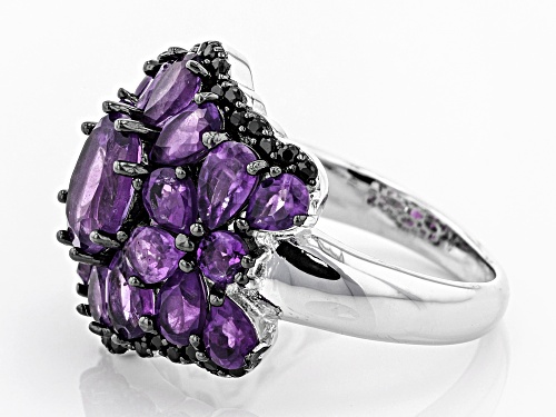 3.86ctw mixed shapes African amethyst with .34ctw  round black spinel rhodium over silver ring - Size 7