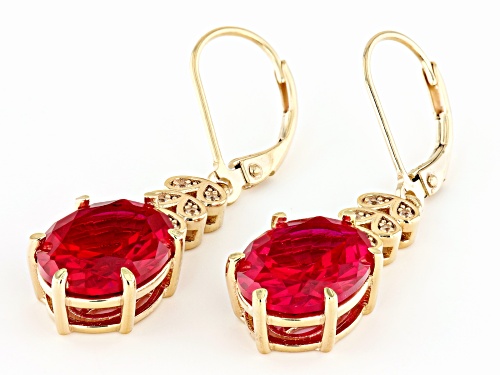 9.11ctw Lab Ruby With 0.20ctw Lab White Sapphire 18K Yellow Gold Over Sterling Silver Earrings
