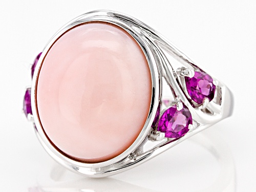 14x12mm Oval Pink Opal With  0.79ctw Rhodolite Rhodium Over Sterling Silver Ring - Size 8