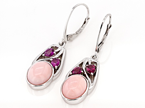 10x8mm Oval Pink Opal With 0.79ctw Rhodolite Rhodium Over Sterling Silver Earrings