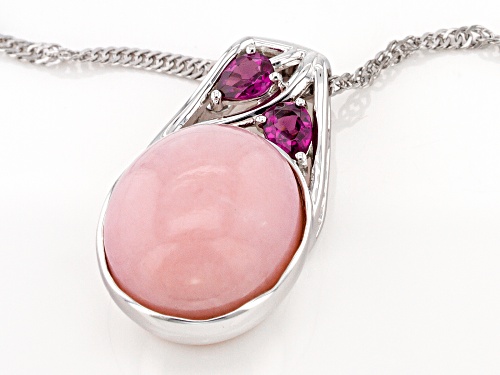 14x12mm Oval Pink Opal With 0.39ctw Rhodolite Rhodium Over Sterling Silver Pendant With Chain