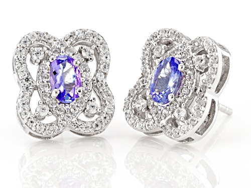 0.79ctw Oval Tanzanite With 0.84ctw Round White Zircon Rhodium Over Sterling Silver Earrings