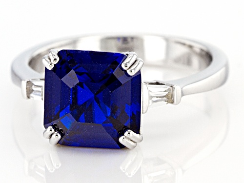 3.61ct Asscher cut Lab Blue Spinel And 0.14ctw Lab White Sapphire Rhodium Over Sterling Silver Ring - Size 9