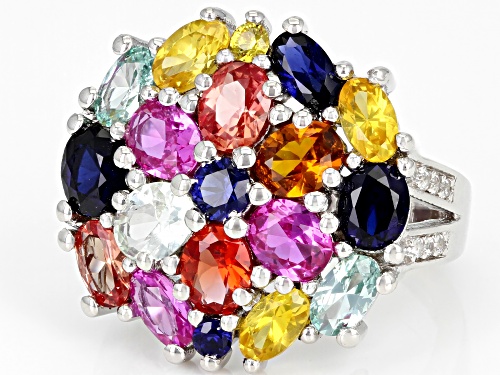 4.96ctw Multicolor Lab Created Sapphire And 0.12ctw White Zircon Rhodium Over Silver Ring - Size 7