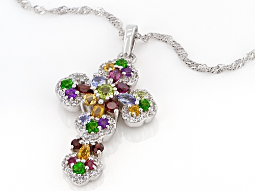 1.84ctw Mixed Shapes Multi-Stones Rhodium Over Sterling Silver Cross Pendant With Chain