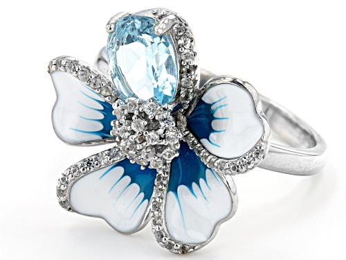 1.17ct Oval Glacier Topaz(TM) With 0.44ctw Zircon Rhodium Over Sterling Silver Enamel Flower Ring - Size 9