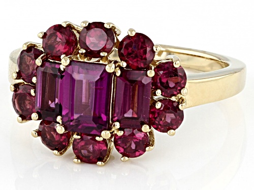 2.55ctw Mixed Shape Raspberry Color Rhodolite Garnet 18k Yellow Gold Over Silver Ring - Size 7
