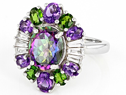 5.02ctw Mystic Fire(R) Topaz, Amethyst, Chrome Diposide, White Topaz Rhodium Over Silver Ring - Size 8