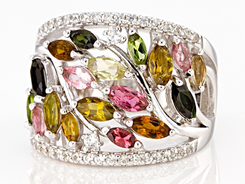 1.79ctw Marquise Multi-Tourmaline with .51ctw White Zircon Rhodium Over Sterling Silver Ring - Size 7