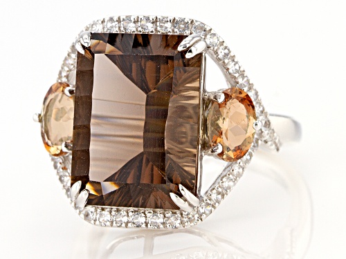 5.84ct Smoky Quartz with .72ctw Andalusite and .35ctw White Zircon Rhodium Over Silver Ring - Size 7