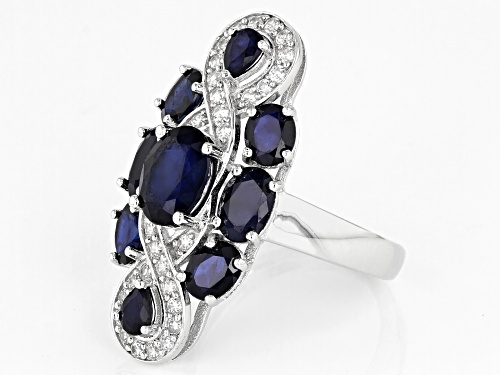 4.17ctw Oval & Pear Shape Blue Sapphire With .14ctw Zircon Rhodium Over Silver Ring - Size 8