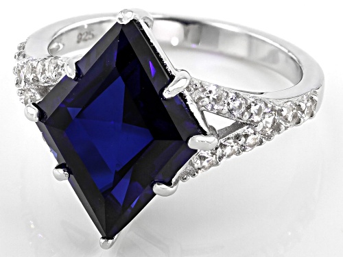 6.33ct Lozenge Lab Created Blue Sapphire with .61ctw Round White Zircon Rhodium Over Silver Ring - Size 7