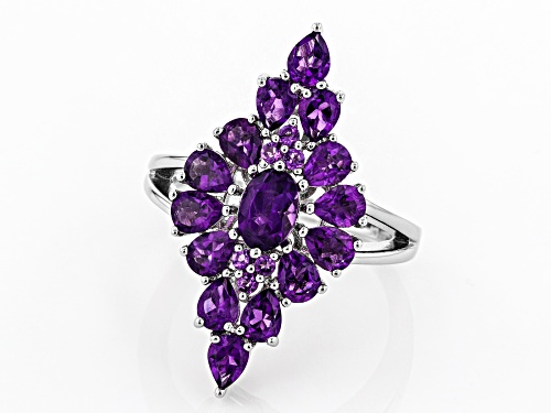 2.35ctw Pear Shape, Oval & Round African Amethyst Rhodium Over Sterling Silver Cluster Ring - Size 8