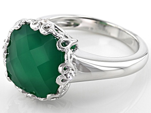 12mm Checkerboard Cut Square Cushion Green Onyx & .04ctw White Zircon Rhodium Over Silver Ring - Size 8