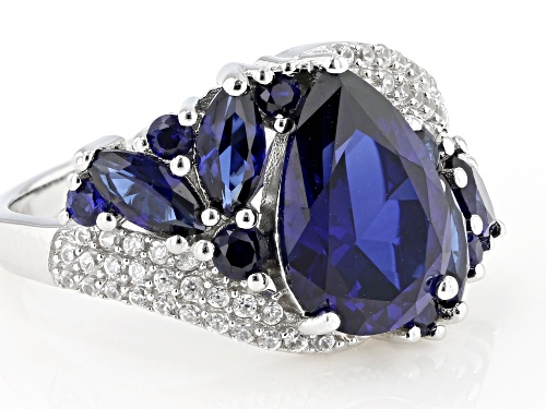 4.40CTW MIXED SHAPE LAB CREATED BLUE SAPPHIRE WITH .38CTW WHITE ZIRCON RHODIUM OVER SILVER RING - Size 8