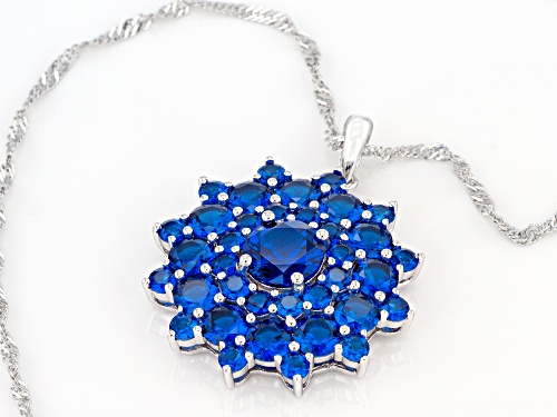 5.75ctw Round Lab Created Blue Spinel Rhodium Over Silver Cluster Pendant With Chain