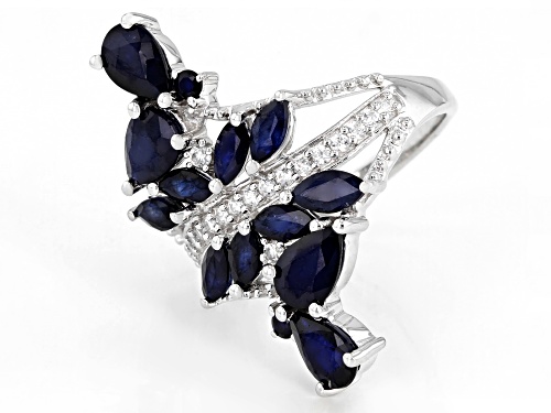 2.56ctw Mixed Shape Blue Sapphire and .20ctw White Zircon Rhodium Over Silver Bypass Cluster Ring - Size 7