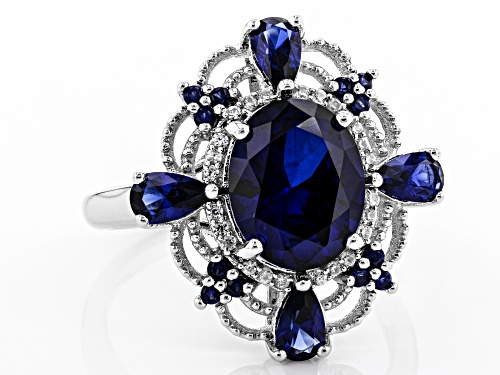 3.54ctw Mixed Shape Lab Created Blue Sapphire With .13ctw White Zircon Rhodium Over Silver Ring - Size 7