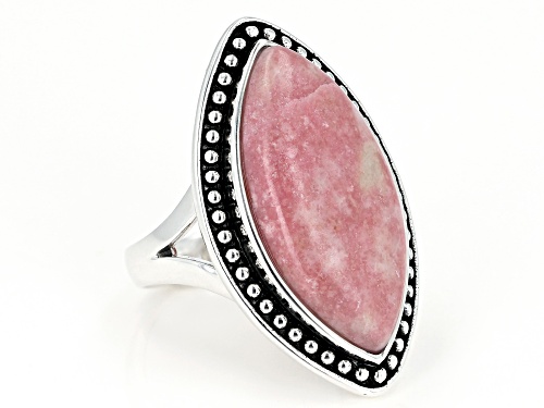 24x12MM MARQUISE CABOCHON THULITE RHODIUM OVER STERLING SILVER SOLITAIRE RING - Size 8