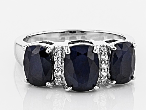 3.70CTW CUSHION BLUE SAPPHIRE WITH .08CTW WHITE ZIRCON RHODIUM OVER SILVER RING - Size 7