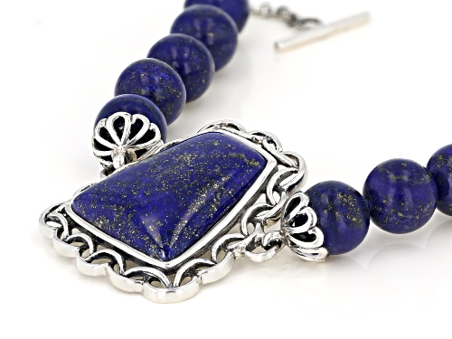 25X20MM FREE-FORM AND 10MM ROUND LAPIS LAZULI RHODIUM OVER STERLING SILVER BRACELET - Size 7.25