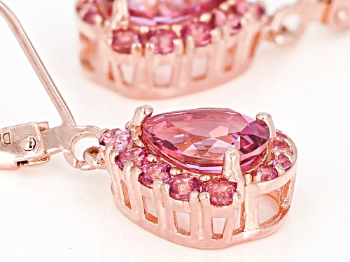 2.77ctw Pear Shape And Round Pink Topaz & .20ctw Lab Created Sapphire 18k Gold Over Silver Earrings