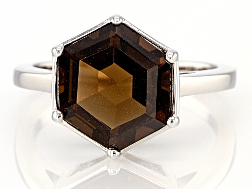 3.83ct Hexagonal Smoky Quartz Rhodium Over Sterling Silver Solitaire Ring - Size 8